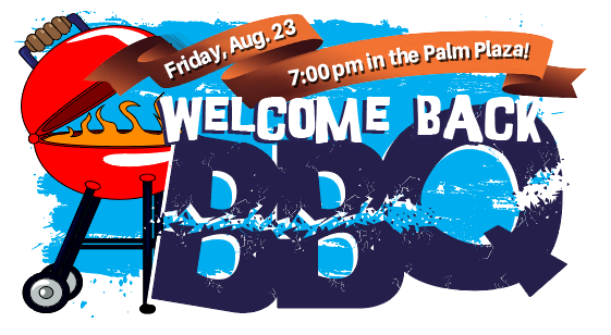 A blue and white poster with the words " welcome back bbq ".